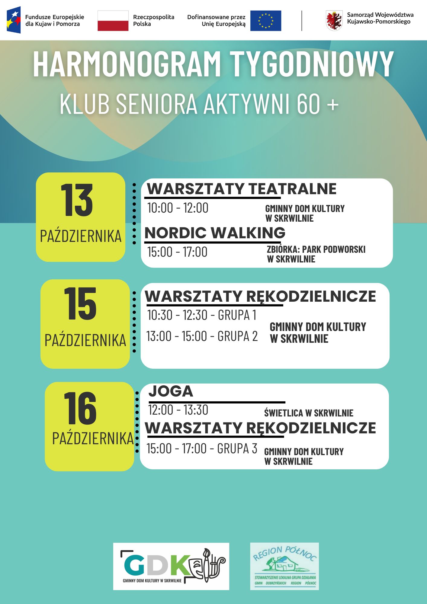 Harmonogram tygodniowy Klub Seniora „Aktywni 60+”